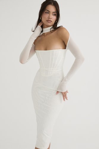 'Milarose' White Mesh Corset Midi Dress