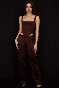 'Daria' Chocolate Satin Cargo Trousers