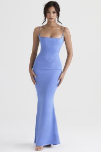 'Olivette' Periwinkle Satin Corset Maxi Dress