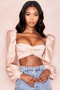 'Jana' Blush Satin Puff Sleeve Bralette