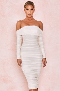 'Anais' Ivory Tulle Off Shoulder Ruched Dress