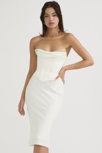 'Sienna' Ivory Satin Strapless Corset Midi Dress