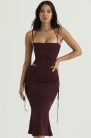 'Sidonie' Wine Satin Lace Up Midi Skirt