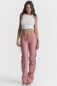 'Drew' Warm Pink Vegan Leather Lace Up Trousers