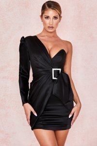 'Chiara' Black One Shoulder Draped Satin Dress