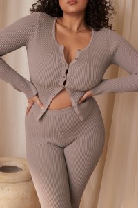 'Sylvia' Taupe Ribbed Knit Cardigan