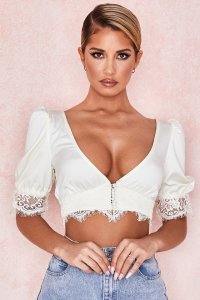 'Leona' Ivory Satin and Lace Blouse