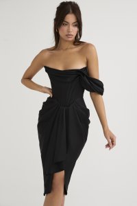 'Janis' Black Satin Corset Midi Dress