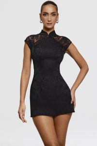 'Thea' Black Embroidered Mini Dress