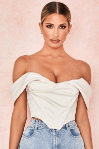 'Silva' Ivory Satin Draped Shoulder Corset Top