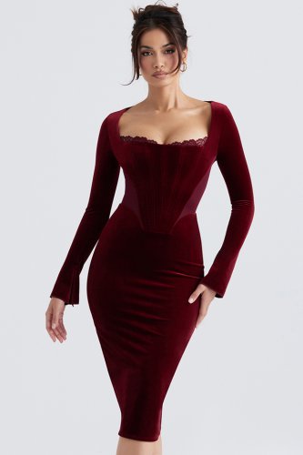 'Solaine' Wine Velvet Corset Dress