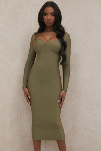 'Katalina' Olive Sweetheart Neckline Bandage Dress