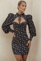 'Carmel' Black Floral Puff Sleeve Mini Dress