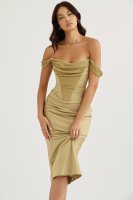 'Natalya' Olive Satin Corset Midi Dress