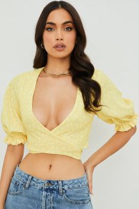 'Alanya' Lemon Floral Tie Front Top