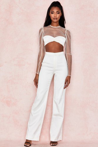 'Amalia' Ivory Stretch Satin Tux Trousers