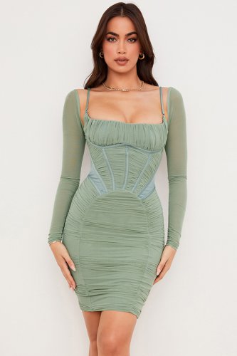 'Freyja' Green Gathered Corset Dress