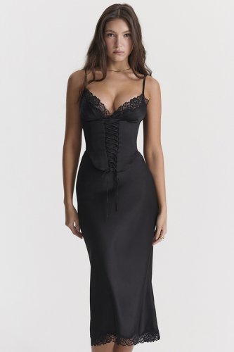 'Salma' Black Satin Slip Dress