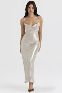 'Leia' Champagne Shimmer Low Back Maxi Dress