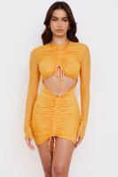 'Jeanelle' Orange Ruched Mesh Long Sleeve Cutout Mini Dress