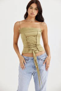 'Letitia' Olive Satin Lace Up Corset