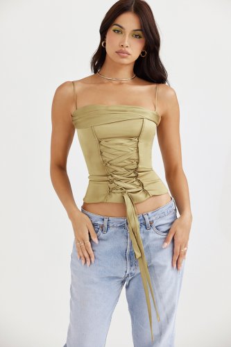 'Letitia' Olive Satin Lace Up Corset