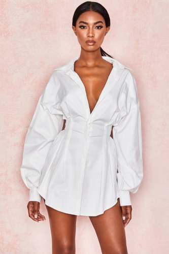 'Maddalena' White Cinched Waist Shirt Dress