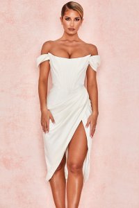 'Loretta' Ivory Satin Off Shoulder Dress