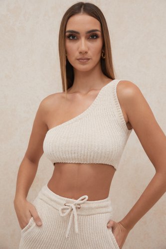 'Charlie' Cream Chenille One Shoulder Crop Top