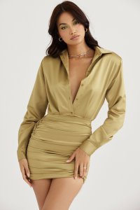 'Christy' Olive Satin Shirt Dress