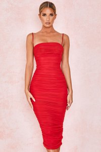 'Sirene' Red Gathered Organza Mesh Dress