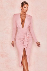 'Mira' Blush Deep Plunge Midi Dress