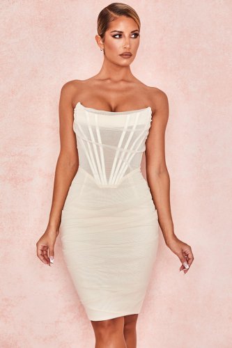 'Leila' Ivory Mesh Strapless Corset Dress