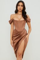 'Loretta' Toffee Satin Off Shoulder Dress