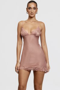 'Nia' Rose Pink Satin & Lace Slip Dress