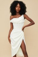 'Lulu' Ivory Asymmetric Drape Midi Corset Dress