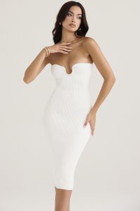 'Oriana' White Ribbed Knit Strapless Midi Dress