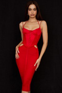 'Maya' Scarlet Ruched Midi Dress