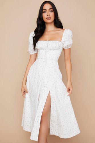 'Tallulah' White Floral Puff Sleeve Midi Dress