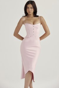 'Imogen' Rose Pink Satin Corset Midi Dress