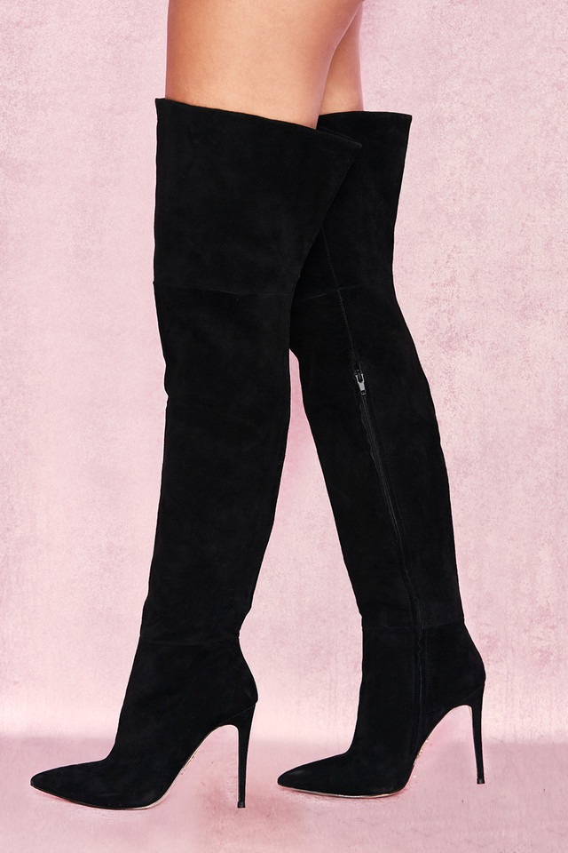 'Extraordinaire' Black Real Suede Thigh Boots - Click Image to Close