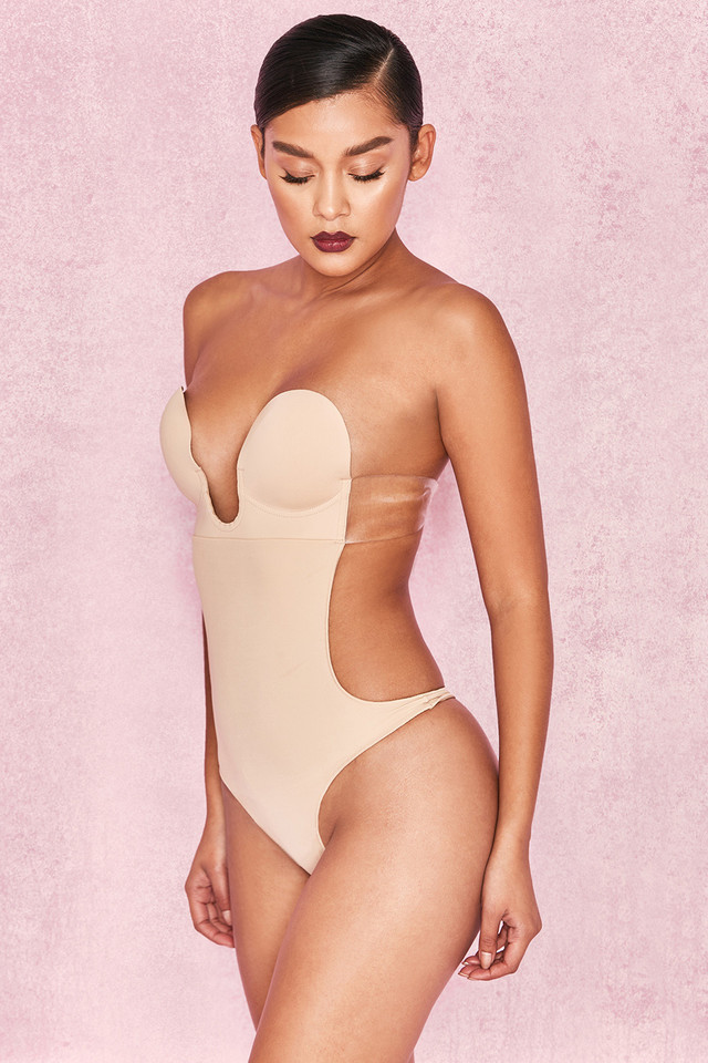 Beige Plunge Self Adhesive Backless Bodysuit - Click Image to Close