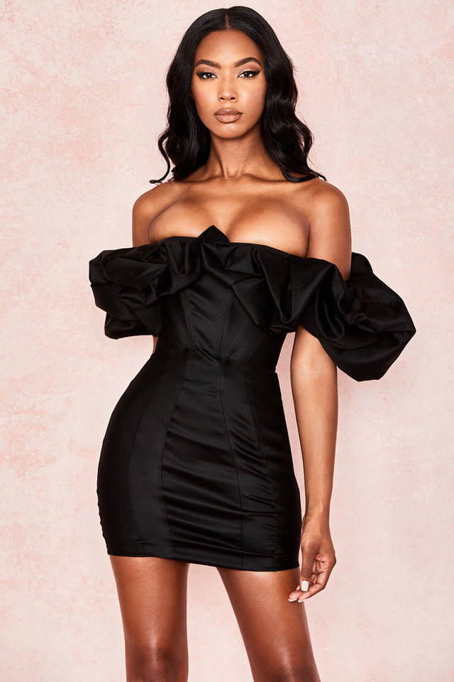 'Selena' Black Satin Puff Shoulder Dress - Click Image to Close