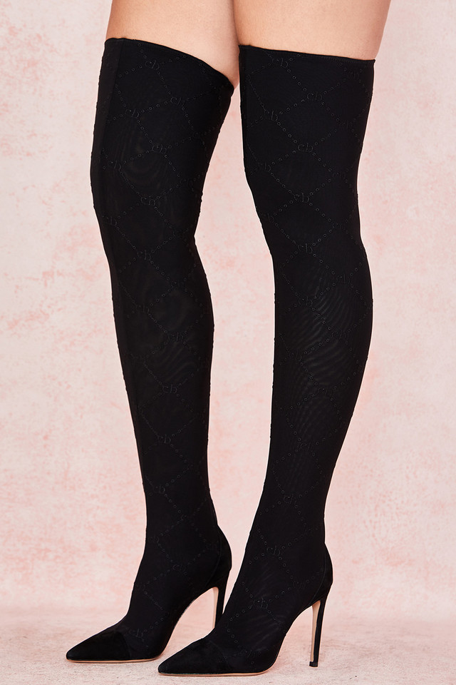 'Escape' Black Mesh Monogrammed Thigh Boots - Click Image to Close