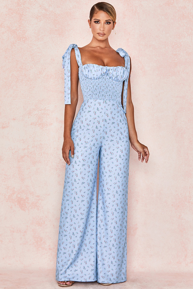 'Lana' Blue Floral Shirred Jumpsuit - Click Image to Close