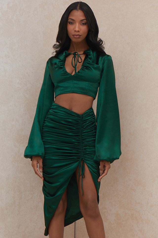 'Petronella' Emerald Green Satin Gathered Skirt