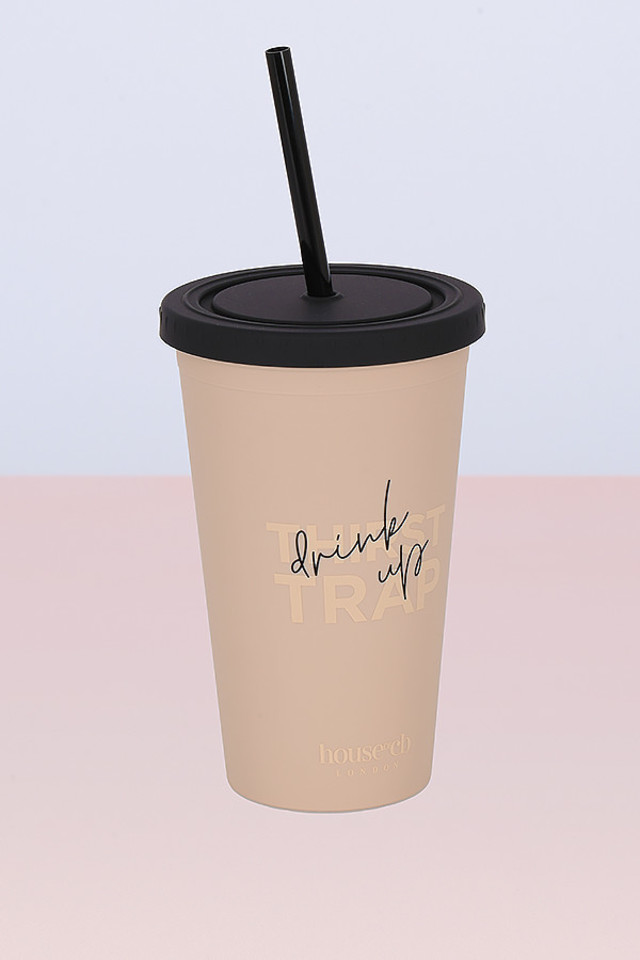 Beige & Black Insulated Cup with Straw - Click Image to Close