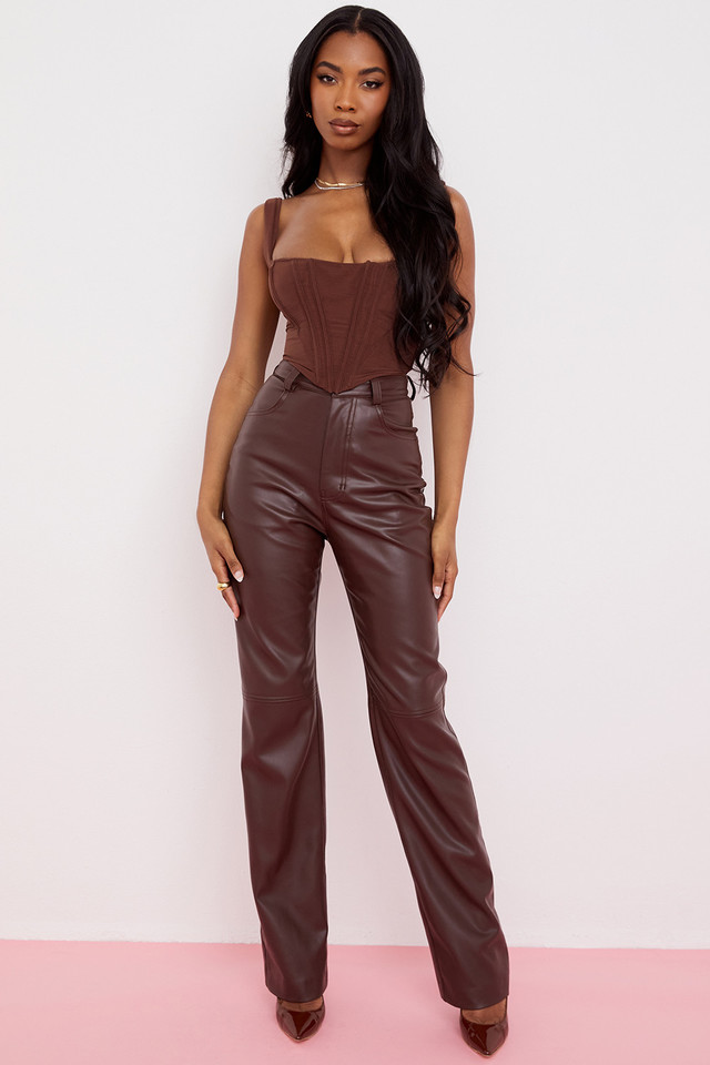 'Inaya' Dark Brown Stretch Vegan Leather Trousers - Click Image to Close
