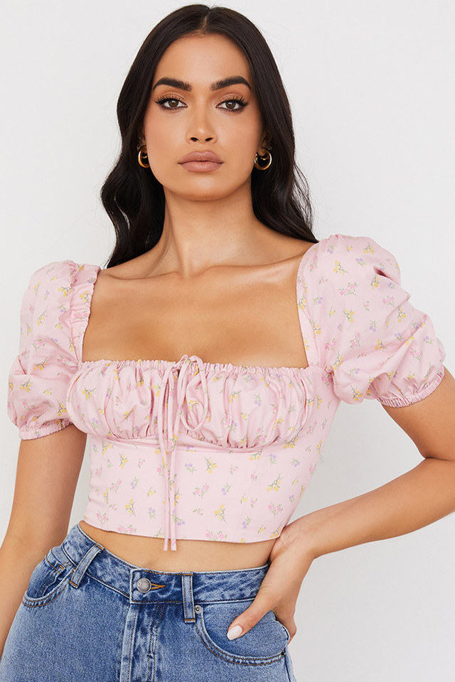'Arianna' Pink Floral Puff Sleeve Corset
