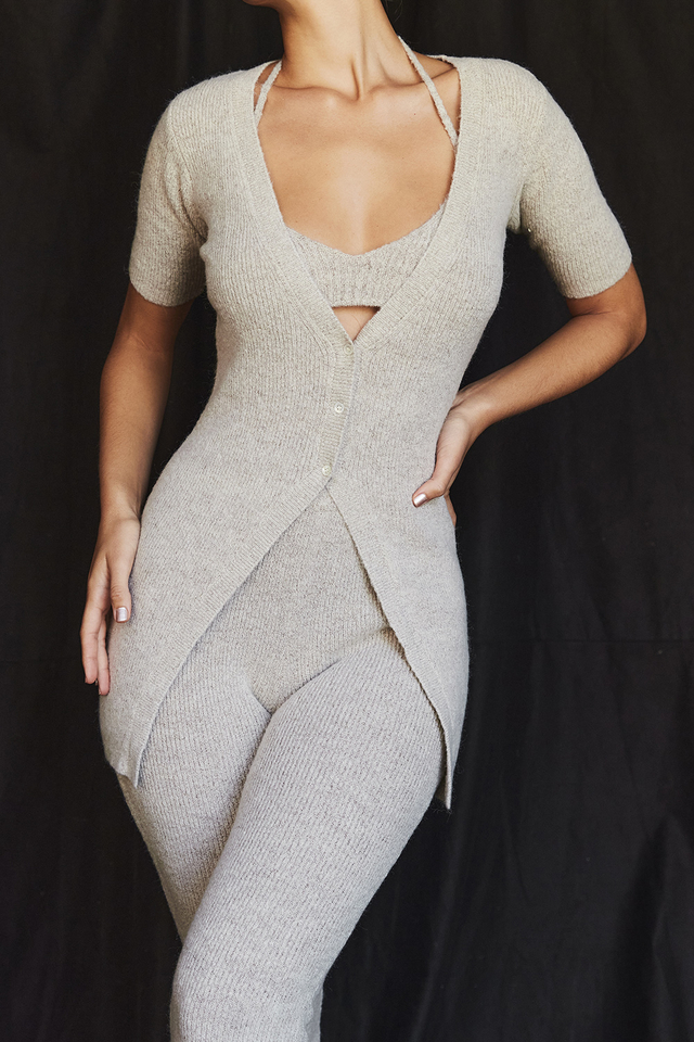 'Opal' Oatmeal Ribbed Knit Cardigan - Click Image to Close